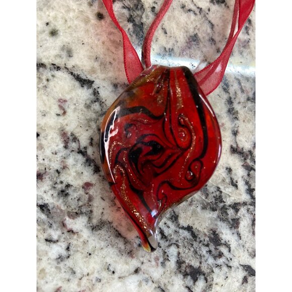 Murano Style Red Glass Pendant Necklace Flame Teardrop Art Ribbon Boho Jewelry - Picture 5 of 5